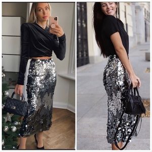 LAST NWT ZARA AW21 SILVER SEQUINNED MIDI SKIRT